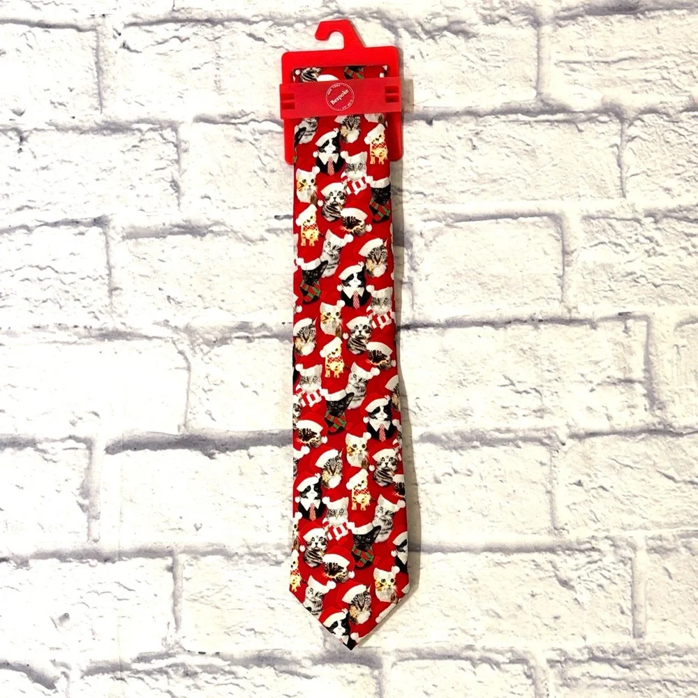 Bespoke Christmas Cats Holiday Tie Red Tie with Kitties Wearing Santa Hats NWT